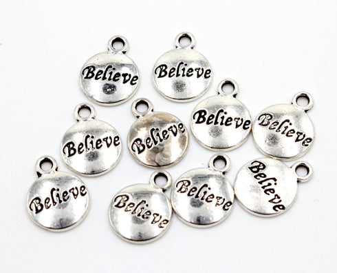 Believe Charms, 12mm x 12mm, Antique Silver, Sold As 10 Pieces.